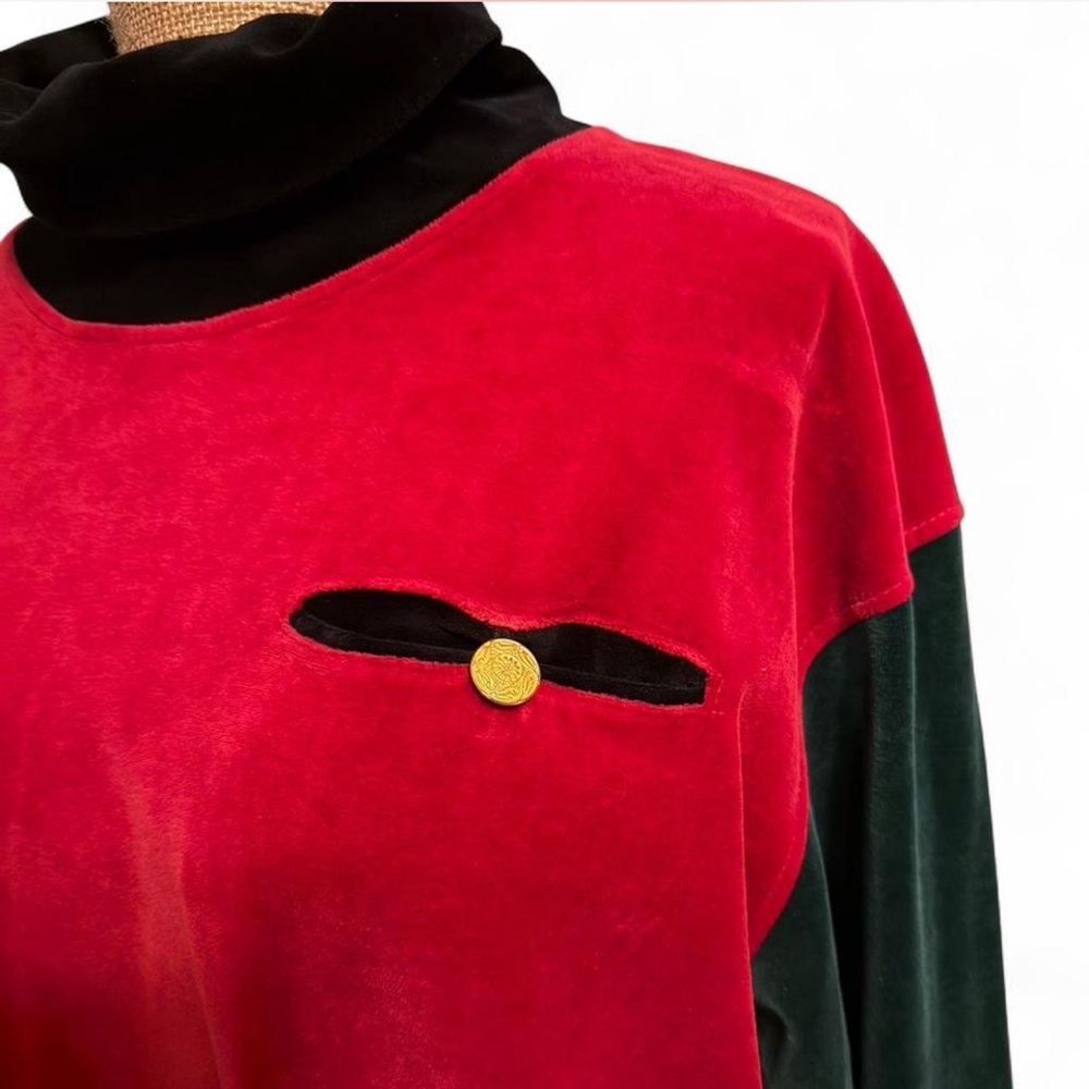 1980s vintage Talbots Black blue green Red velour Cotton long sleeve Top xl - Picture 4 of 6